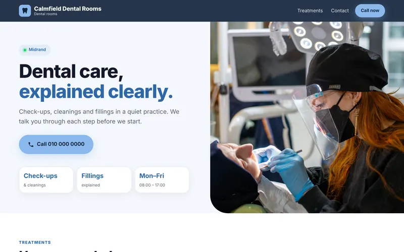 Concept website design for Calmfield Dental Rooms, a fictional dentist