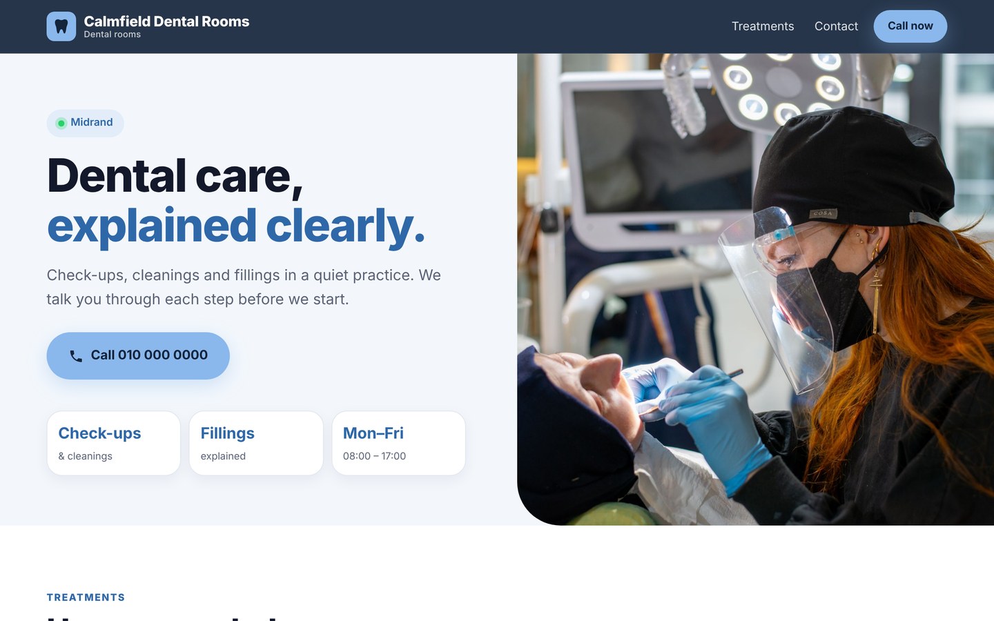Concept website design for Calmfield Dental Rooms, a fictional dentist