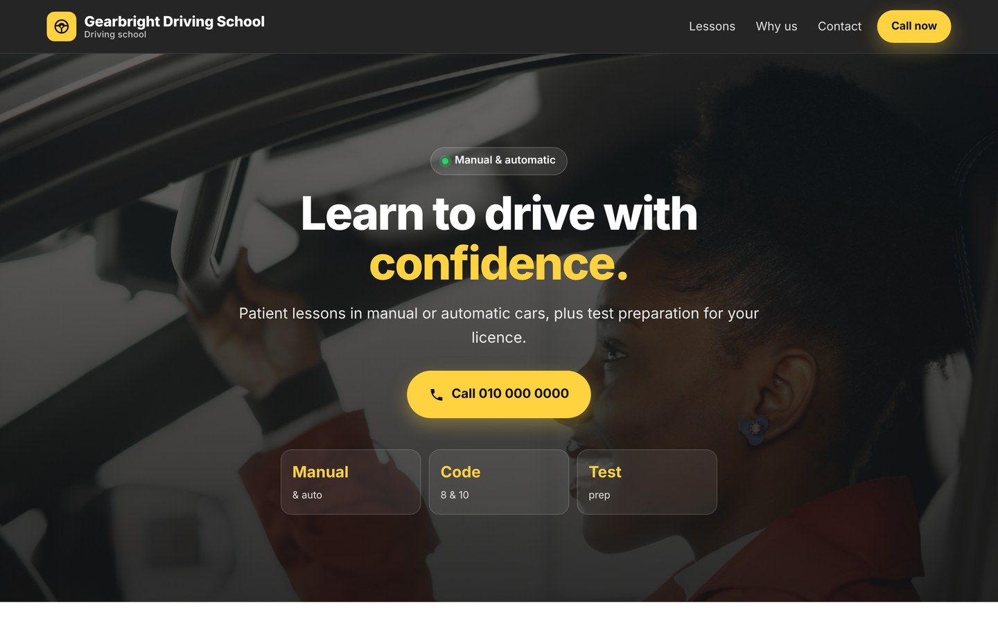 Concept website design for Gearbright Driving School, a fictional driving school