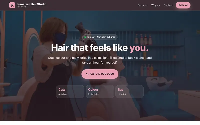 Concept website design for Lumafern Hair Studio, a fictional hair salon