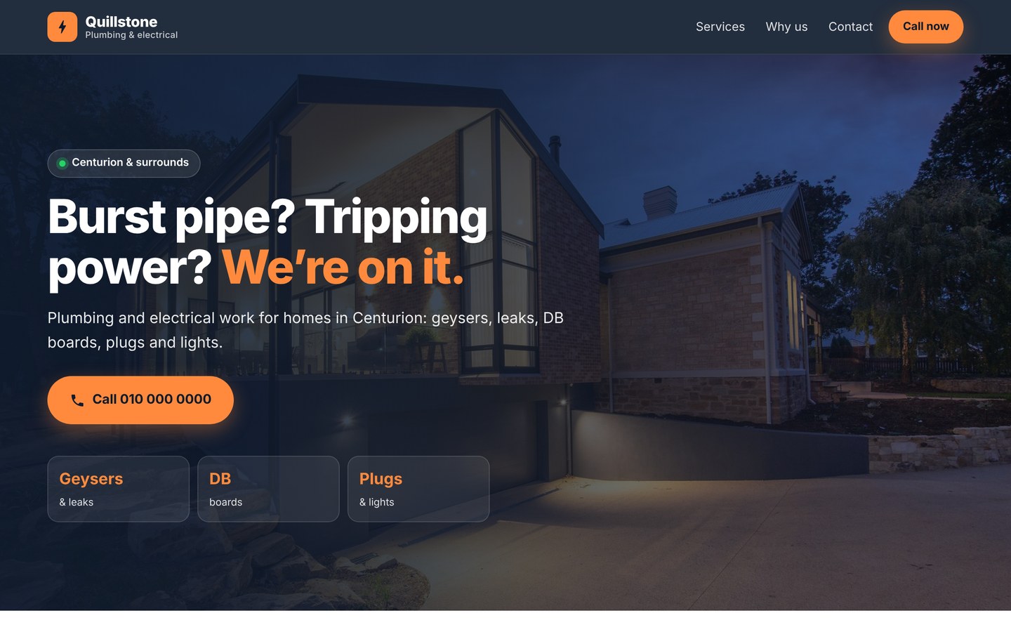 Concept website design for Quillstone Plumbing & Electrical, a fictional plumber & electrician